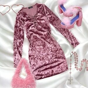 Small‎ Mauve Dusty Pink Crushed Velvet Long Sleeve Mini Dress Tight Fitted Sexy